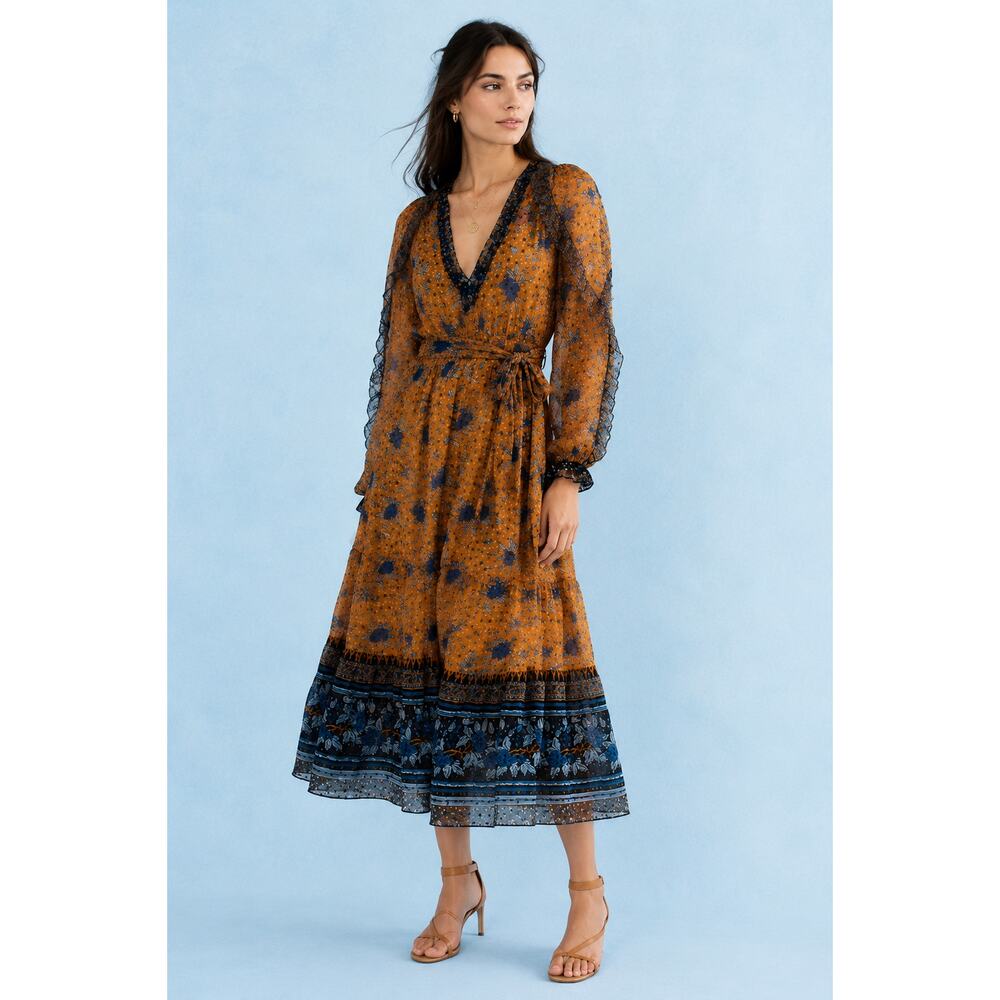 Ulla Johnson XS Silk Long Sleeve Midi Romilly Dress $795 Marigold Bohemian NWT - Picture 2 of 9